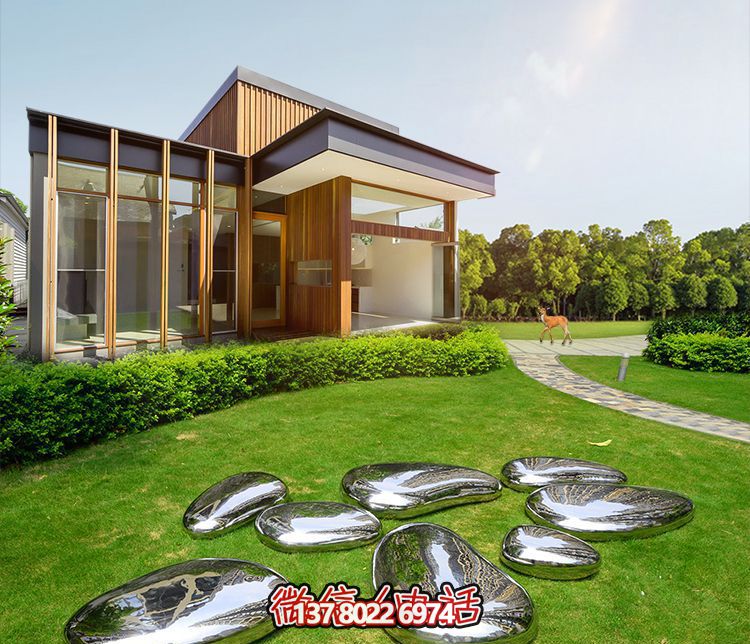 高端室內(nèi)草坪裝飾，不銹鋼雕塑鏡面石頭安放