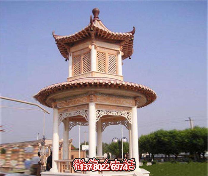 鏤空雕刻涼亭，休閑享受晚霞紅