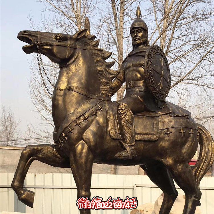 西方古代的騎馬士兵銅雕，手持盾牌騎馬身上的西方戰(zhàn)士
